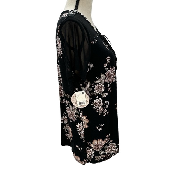 Gypsies & Moondust Short Sleeve Floral Print Lace Up Neck Tunic  - Black - Large - Picture 2 of 12